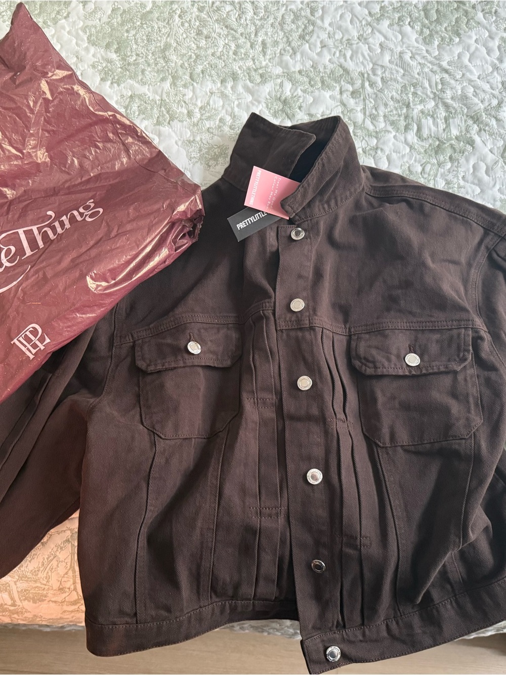 PRETTYLITTLETHING Brown Button-Up Denim Jean Jacket Size 8